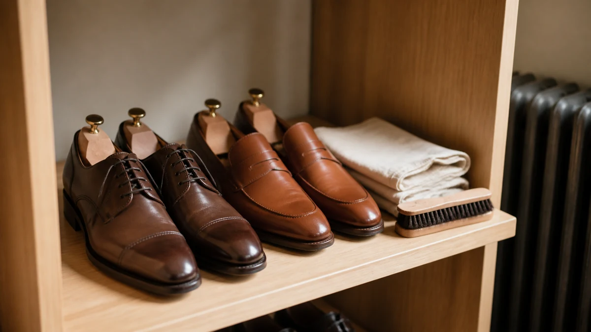 Chaussures en cuir brun et cognac garnies d’embauchoirs en cèdre sur une étagère, brosse en crin