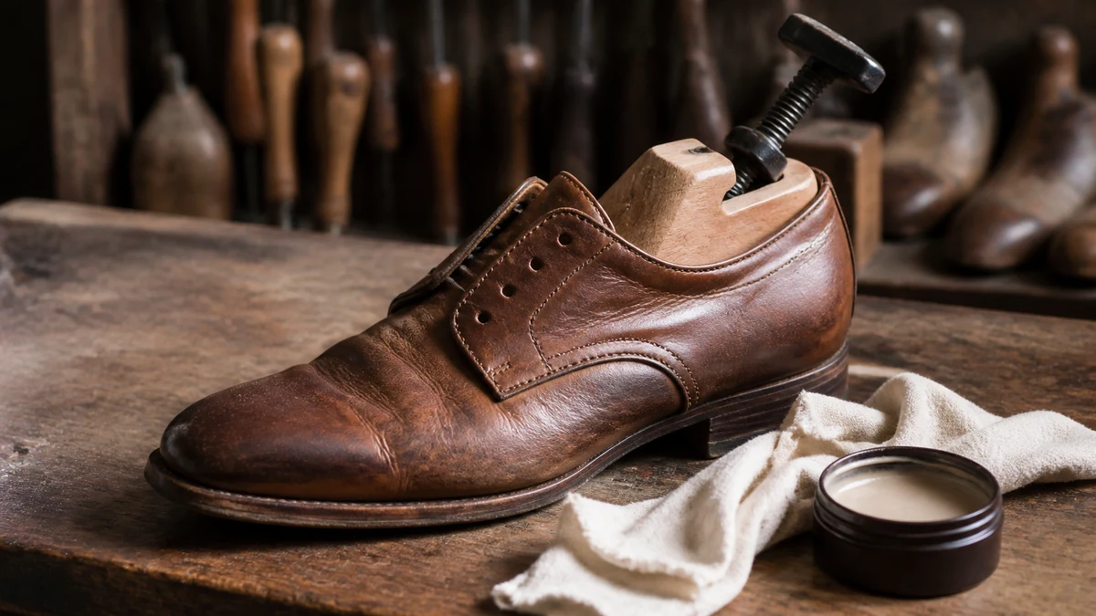 Chaussure en cuir brun montée sur un embauchoir à vis en hêtre chez un cordonnier, crème à côté