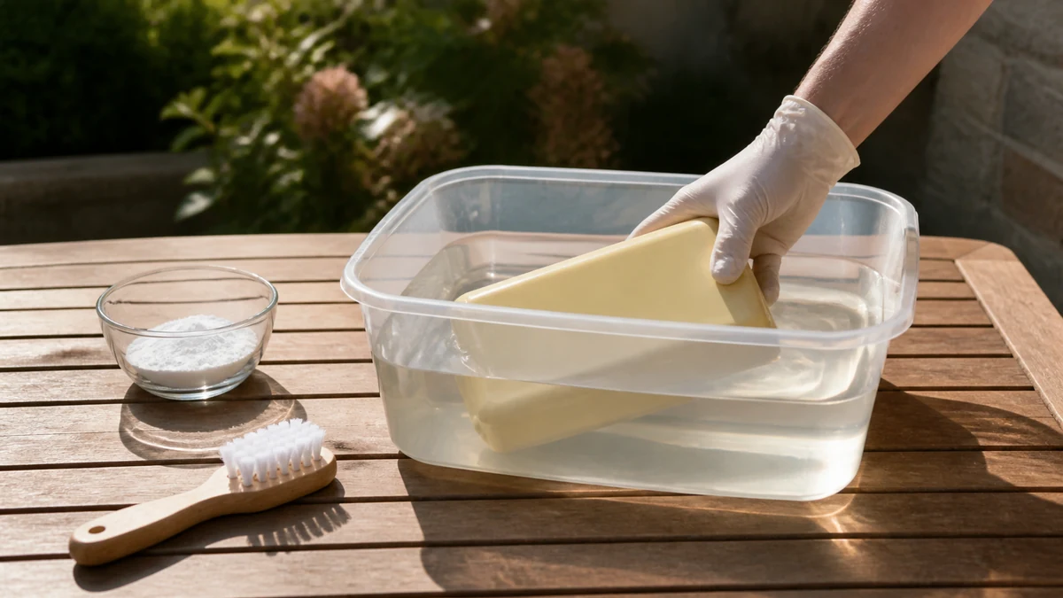 Boîtier en plastique jauni immergé dans un bac de liquide clair au soleil, brosse souple à côté