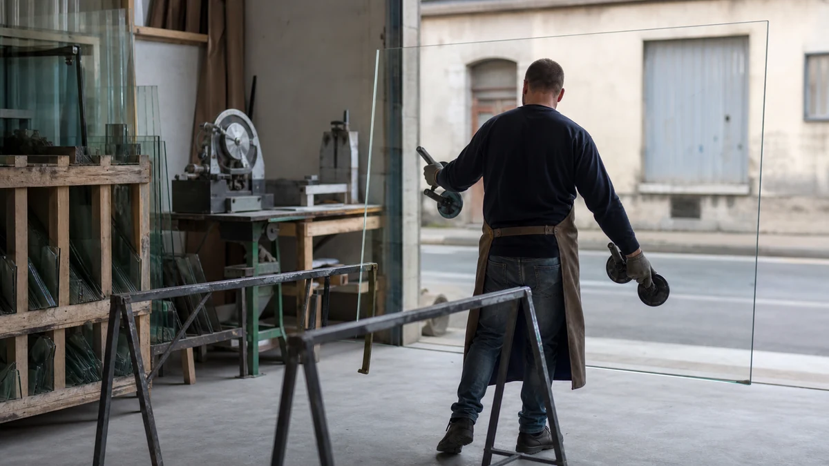 Vitrier déplaçant une grande feuille de verre à l’aide de deux ventouses à poignée dans son atelier