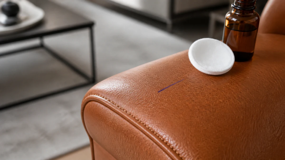 Trait de stylo bille bleu sur l’accoudoir d’un fauteuil en cuir cognac, tampon de coton prêt