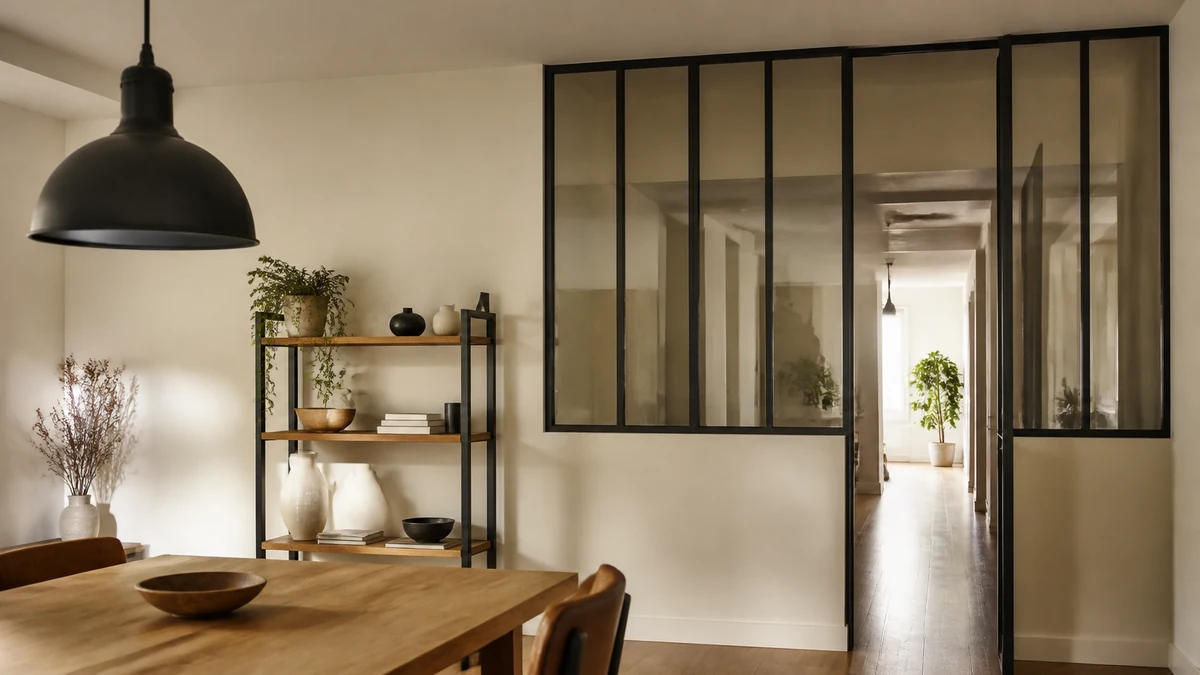 Verrière à montants d’acier noir et étagère métallique à tablettes de chêne dans un salon clair