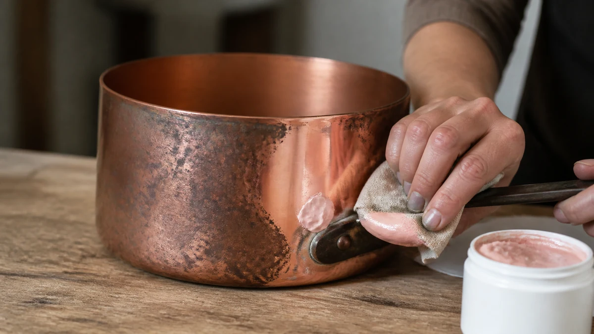 Crème de nettoyage appliquée au chiffon sur une casserole en cuivre, zone frottée redevenue rosée