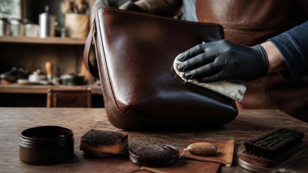 Sac en cuir fraîchement teint en brun, lustré au chiffon sur l’établi d’un maroquinier