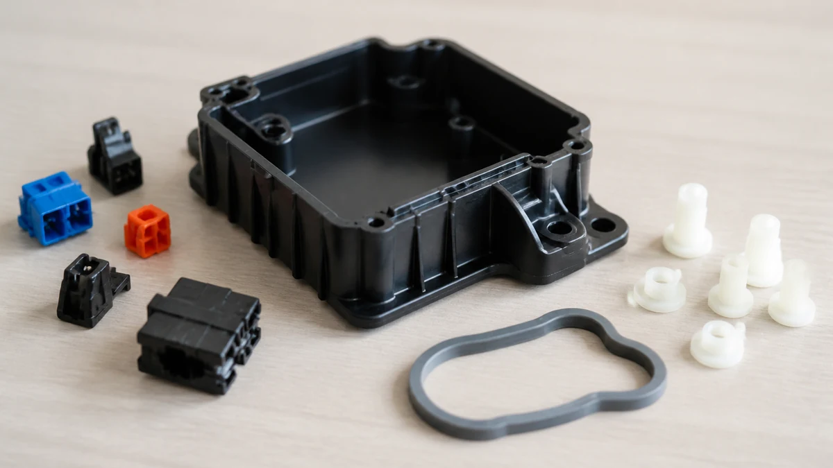 Capot de boîtier en polymère noir mat à nervures moulées, connecteurs et entretoises isolantes autour