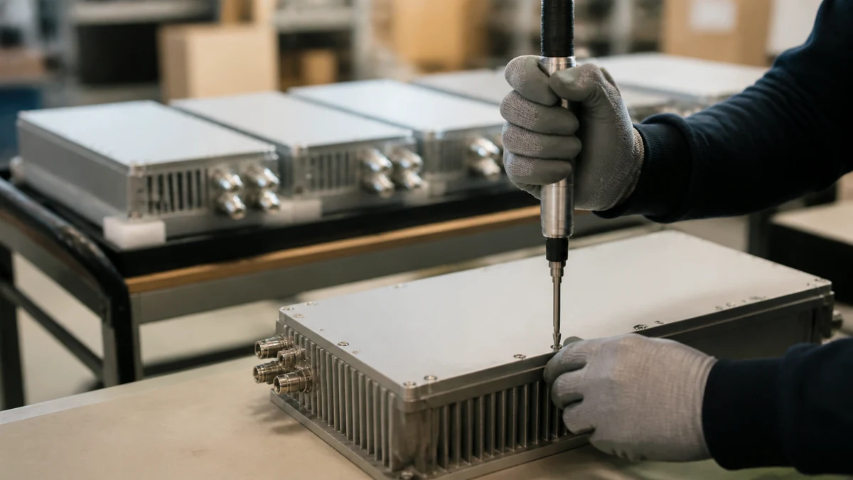 Mains gantées refermant le capot d’un module industriel au tournevis dynamométrique