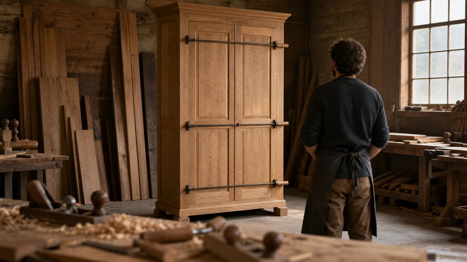 Armoire en bois de chêne massif presque achevée dans un atelier, portes tenues par des serre-joints