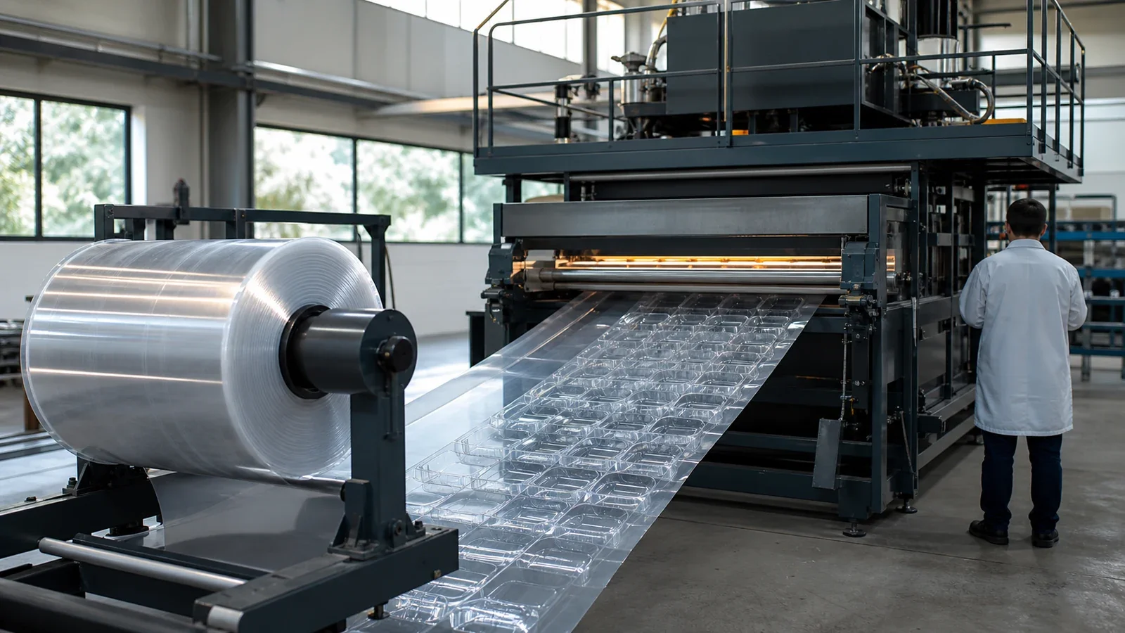 Bande de film plastique passant sous un four de thermoformage et ressortant estampée de barquettes